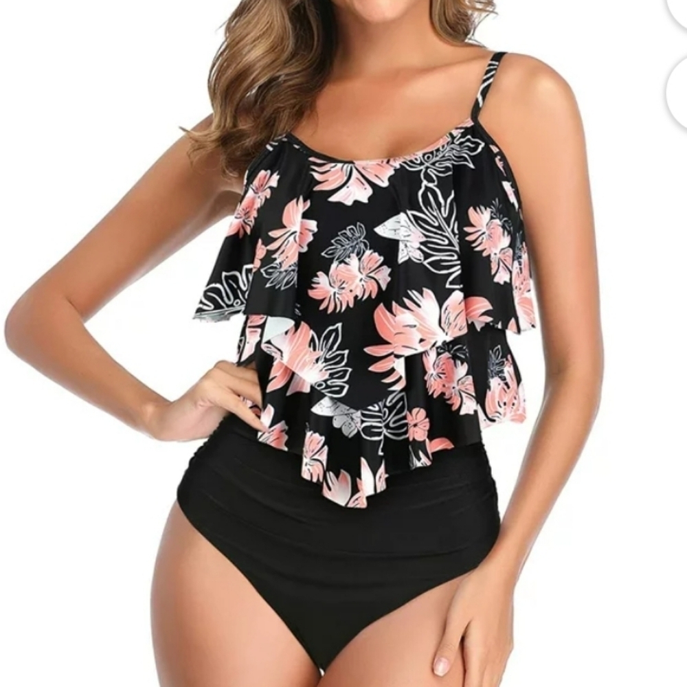 Zando Tankini Two Piece Swimwear Flouncy Top High Waisted Bottom Floral Size XXL